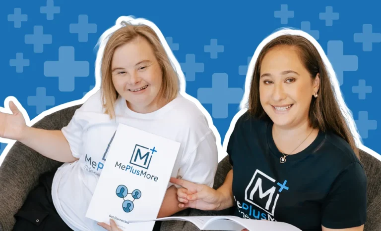Two participants holding Me Plus More inclusive learning resources