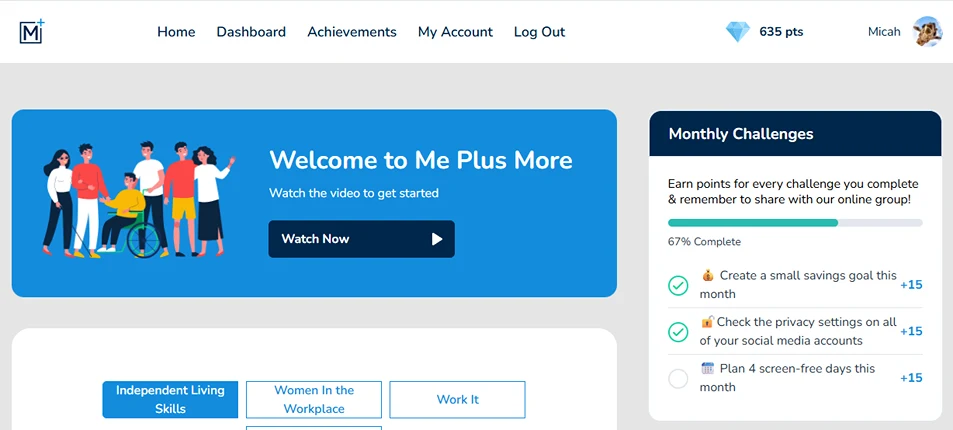 Me Plus More online learning dashboard showing learning paths, monthly challenges, achievements, and points